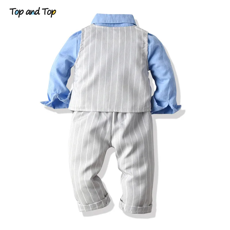 Top and Autumn Winter Fashion Boys Gemtleman Clothing Set Long Sleeve Bowtie Shirt+Waistcoat+Pants Striped Children Suits | Детская