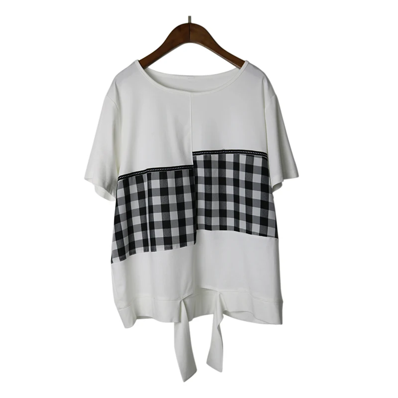 

210511 Women White Spliced Plaid Asymmetrical Casual T-shirt New Round Neck Short Sleeve Fashion Tide Summer 2021