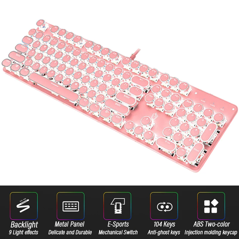 

New girly pink gaming mechanical wired keyboard 104-key USB interface white backlight is suitable for gamers PC laptops