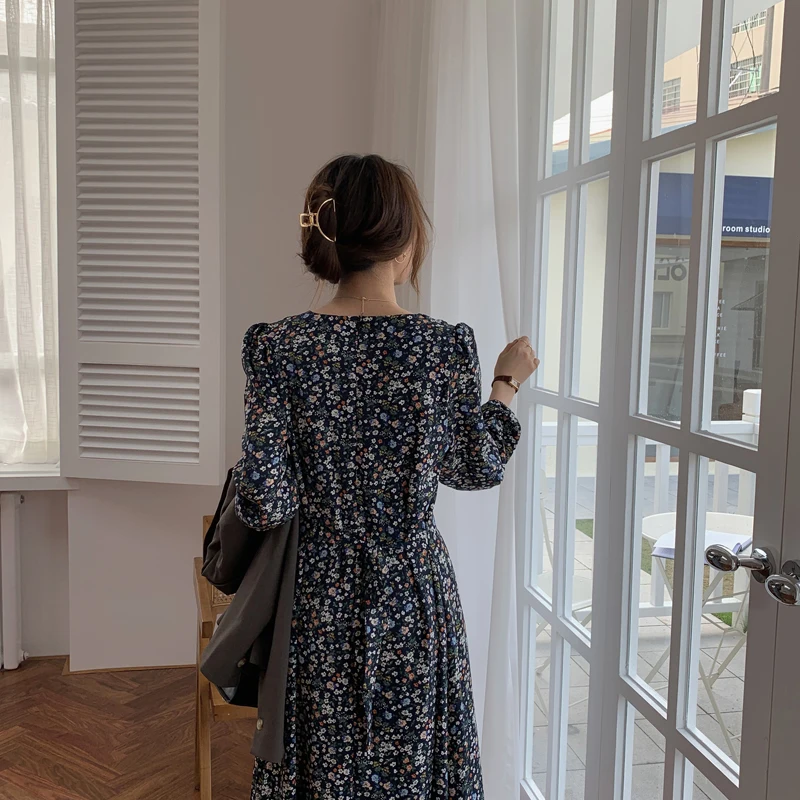 

Spring And Autumn Female Korean Style Chic Gentle Temperament Retro Floral Women's Dress Round Neck Waist Thin Long