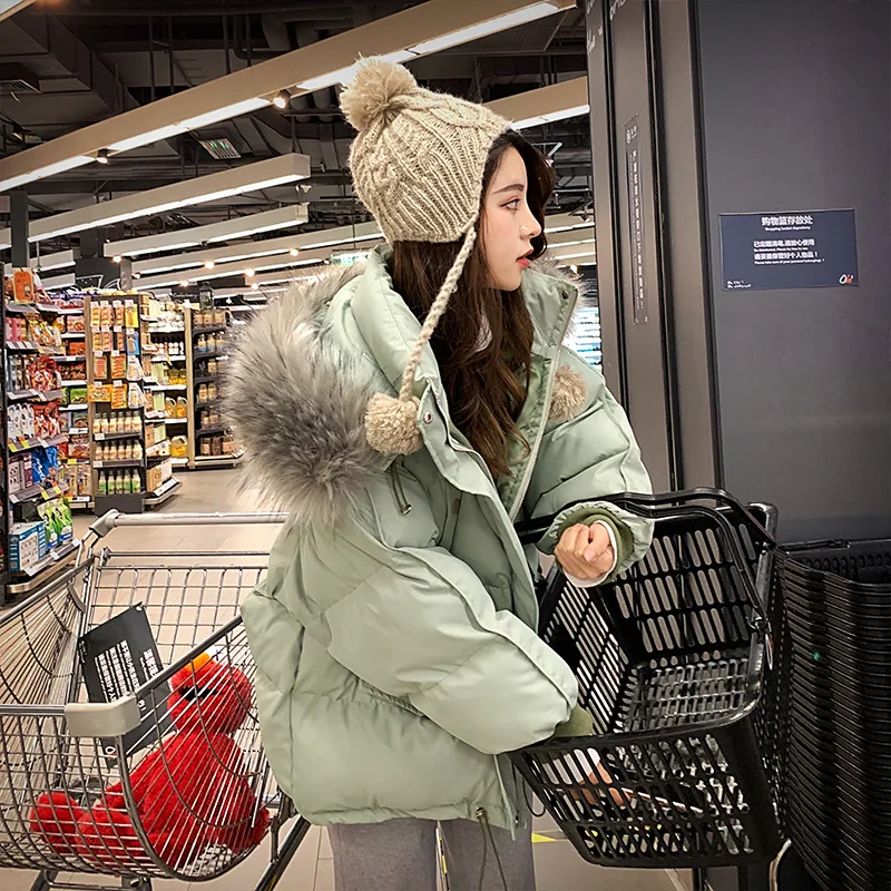 Женская куртка с воротником из лисьего меха Короткая свободная парка капюшоном