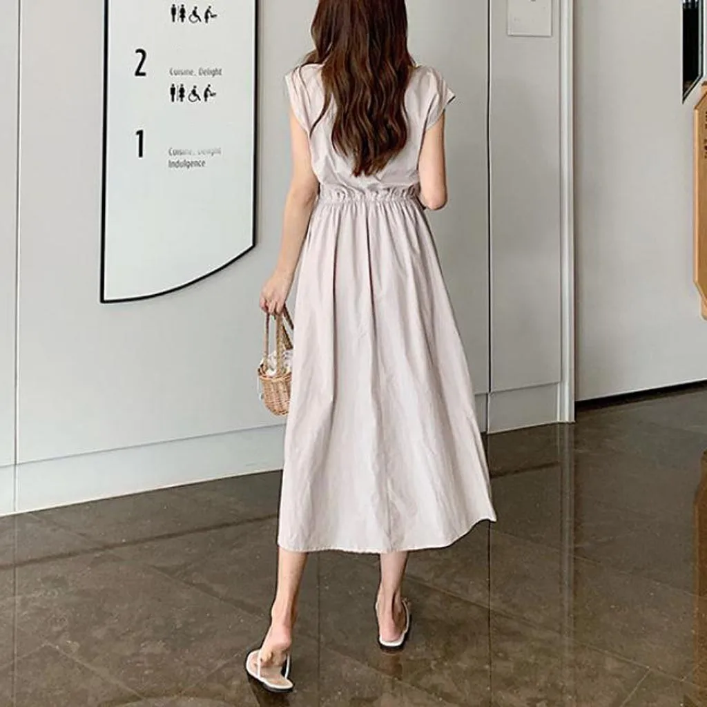 Женское Элегантное Длинное платье без рукавов повседневное однотонное с круглым