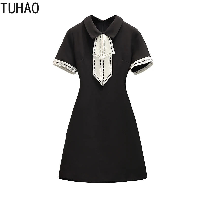 

TUHAO Women Office Lady Elegant Black Dress Plus Size 4XL 3XL High Waist OL Bow Neck Turn Down Collar Female Dresses Clothing