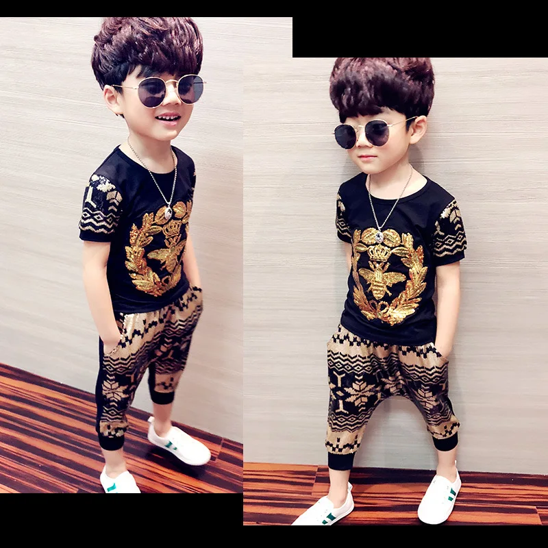 

Children's Clothing Boys' Suits Summer New Style Fashion Personality Patterns Elastic Waistband Kids Sets BT88