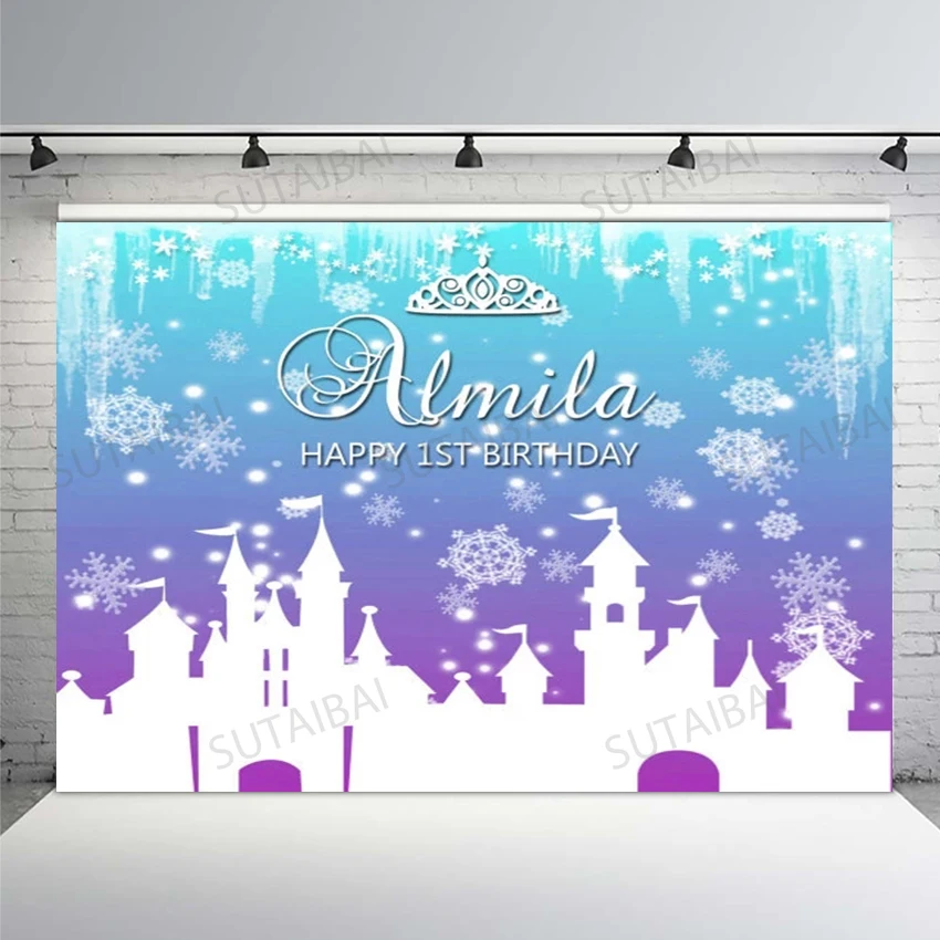 

Frozen Castle Backdrop Photo Studio Snowflakes Princess Crown Winter Girl Birthday Backdrops Photography Background Photocall