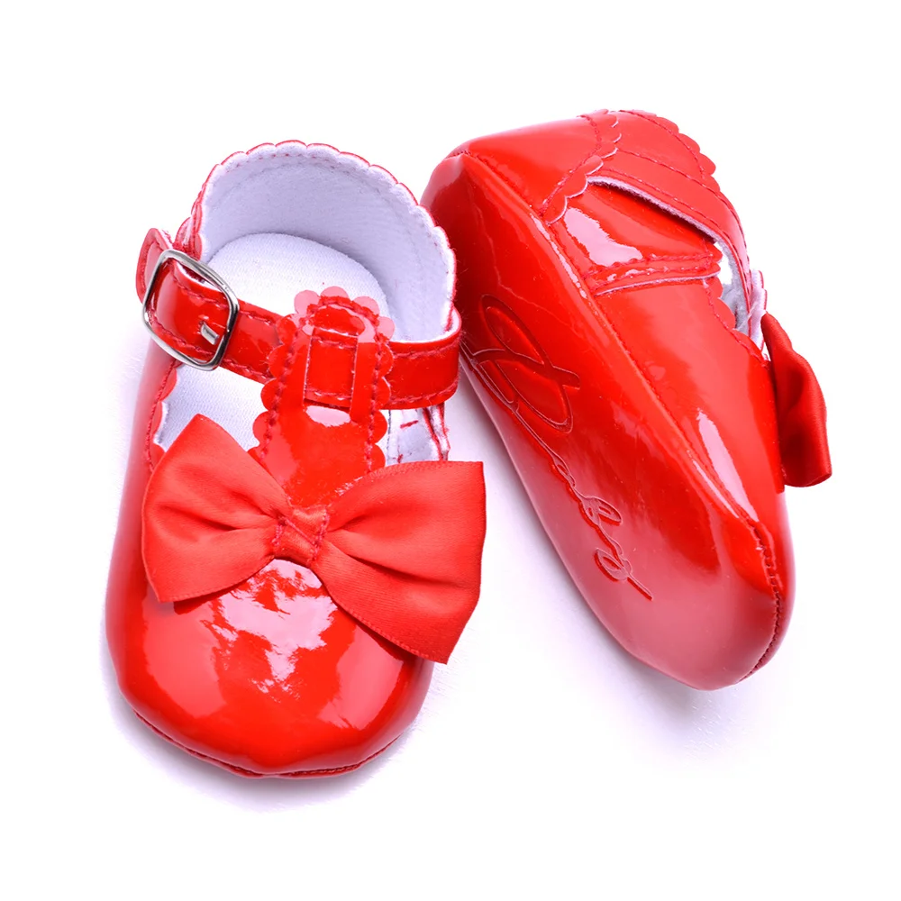 Туфли для новорожденных девочек мягкая подошва из искусственной кожи с бантом