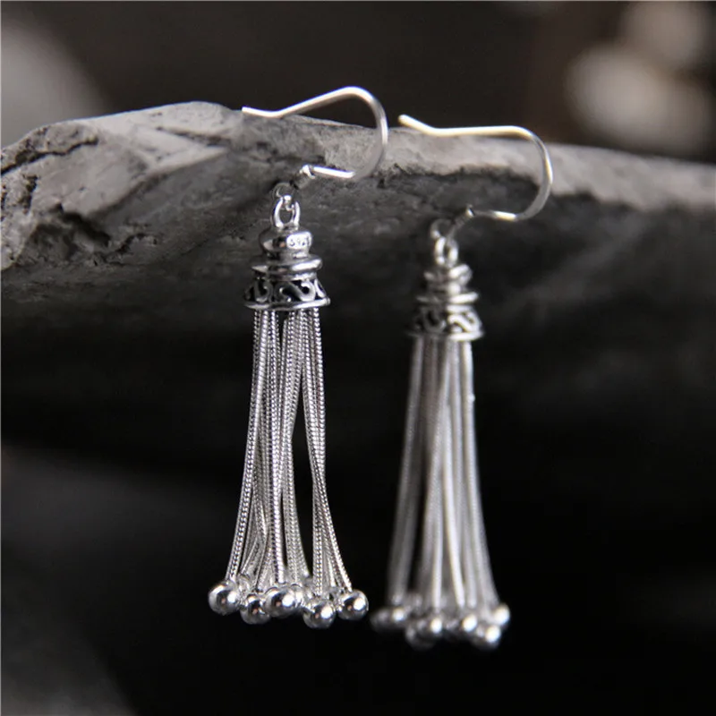

Buyee 100% 925 Sterling Silver Long Tassel Earring Women Exquisitely Tassel Ethnic Dangle Earring for Women Wedding Jewelry