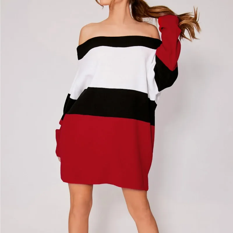 2019 сексуальное Полосатое свободное мини-платье с длинным рукавом и открытыми