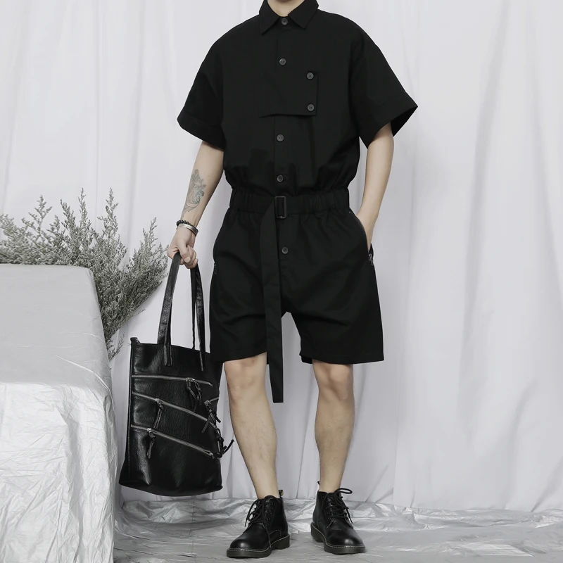 Men's new summer hairdresser's casual jumpsuit fashion trend youth loose cargo plus size short sleeve jumpsuit