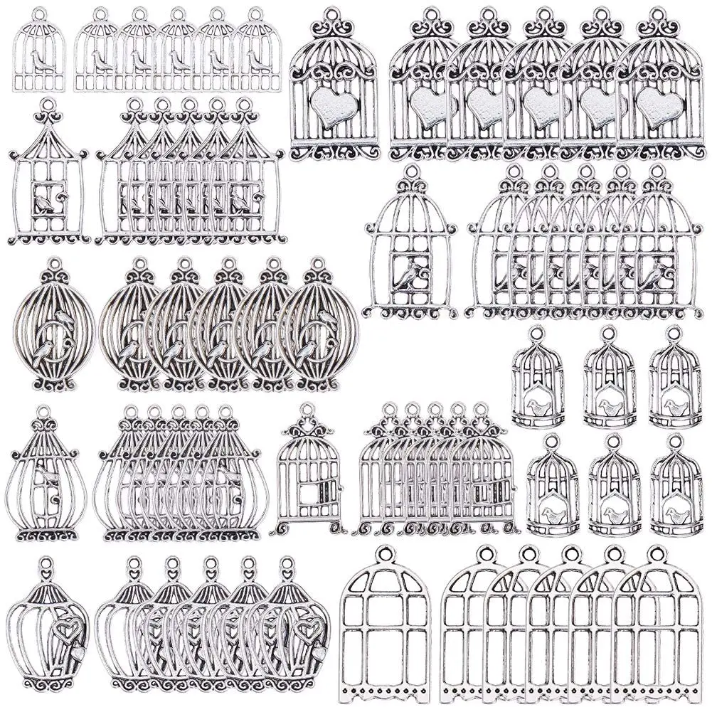 

60 pieces of 10 styles bird cage pendant bird cage bird cage metal antique silver pendant pendant jewelry making DIY