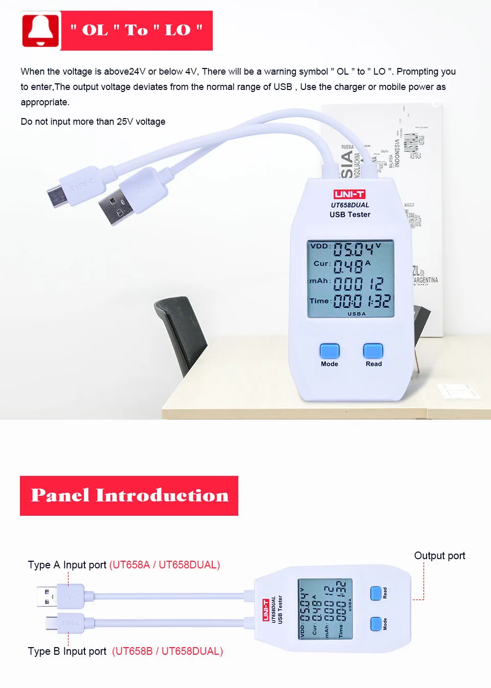 USB тестер UNI-T UT658A/C/двойной Напряжение и ток мониторы вольт ампер цифровой продукт зарядное устройство Емкость метр с хранения данных