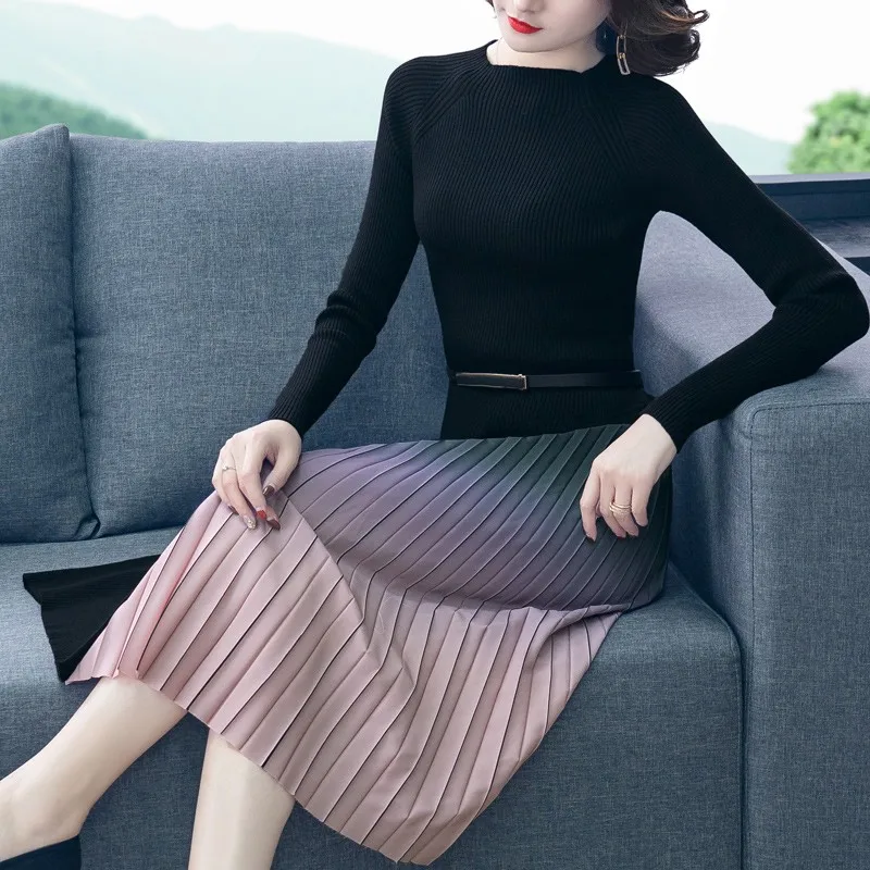 Женское осенне зимнее Элегантное трикотажное плиссированное платье средней