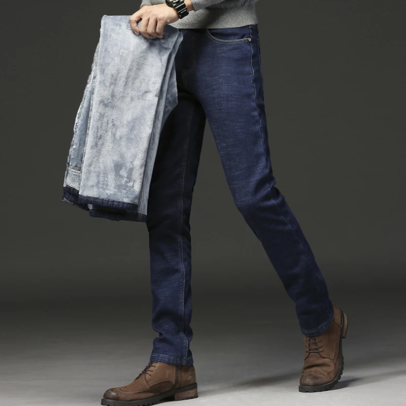 2022 Men Fashion Winter Jeans Men Black Slim Fit Stretch Thick Velvet Pants Warm Jeans Casual Fleece Trousers Male Plus Size