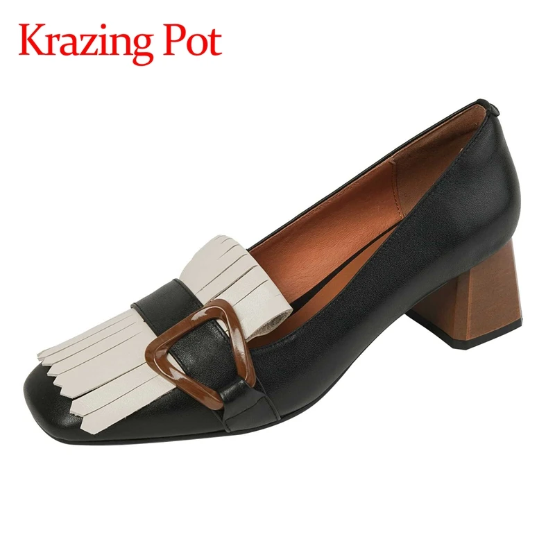 

Krazing Pot full grain leather square toe high heels tassel vintage fashion young lady streetwear mixed colors women pumps L17