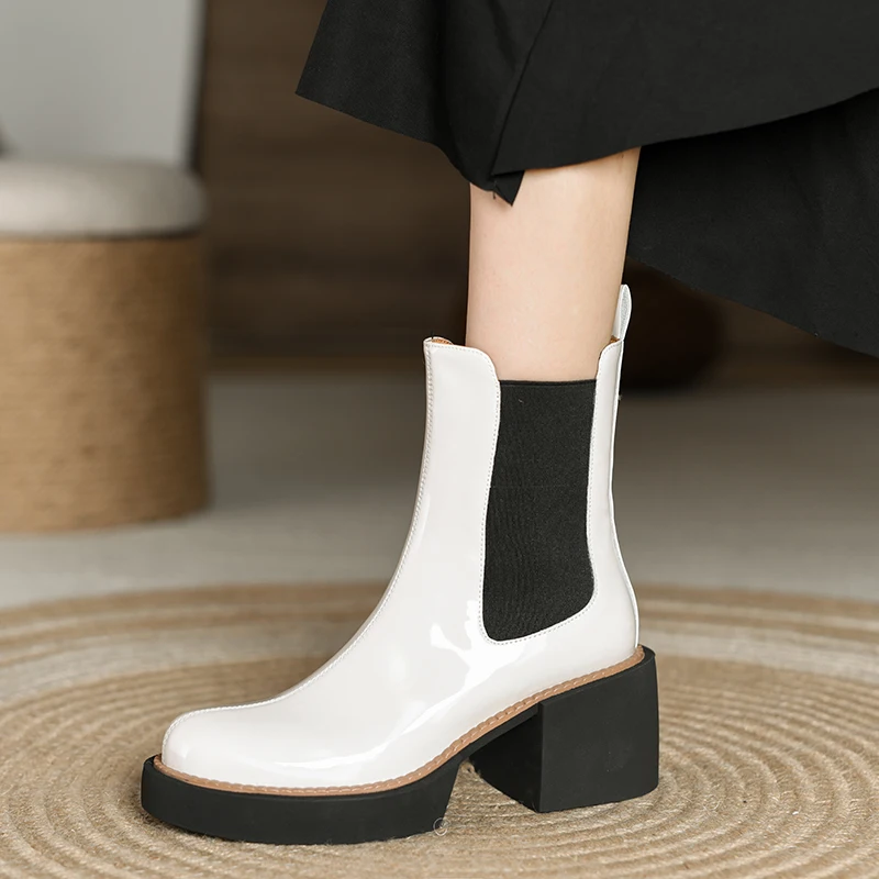

2021 Autumn Winter New Women Shoes Retro Round Toe Women Boots Platform Boots Patent Leather Ankle Boots Women Heel Chunky Boots