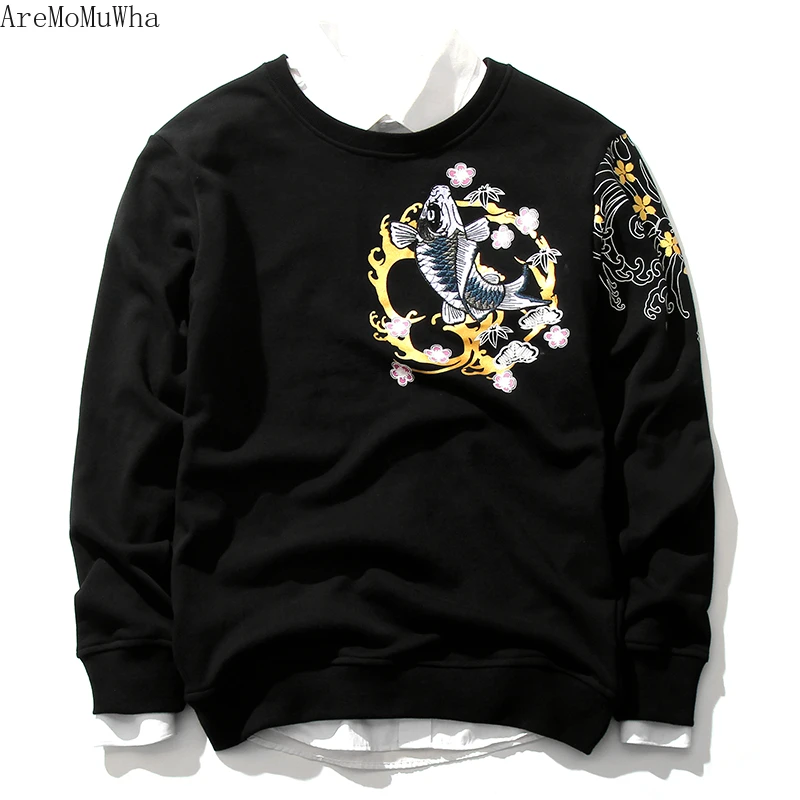 

AreMoMuWha Sweatshirts Men's Autumn Winter New Loose Long-sleeved Embroidery Squid Chinese Style Round Neck Sweatshirts QX1378