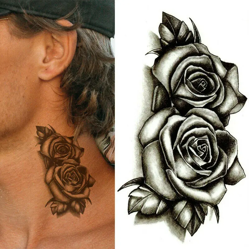 Temporary Tattoo Sticker Fashion Waterproof Black Double Rose Flowers Tattoos Fake Body Art Water Transfer | Красота и здоровье