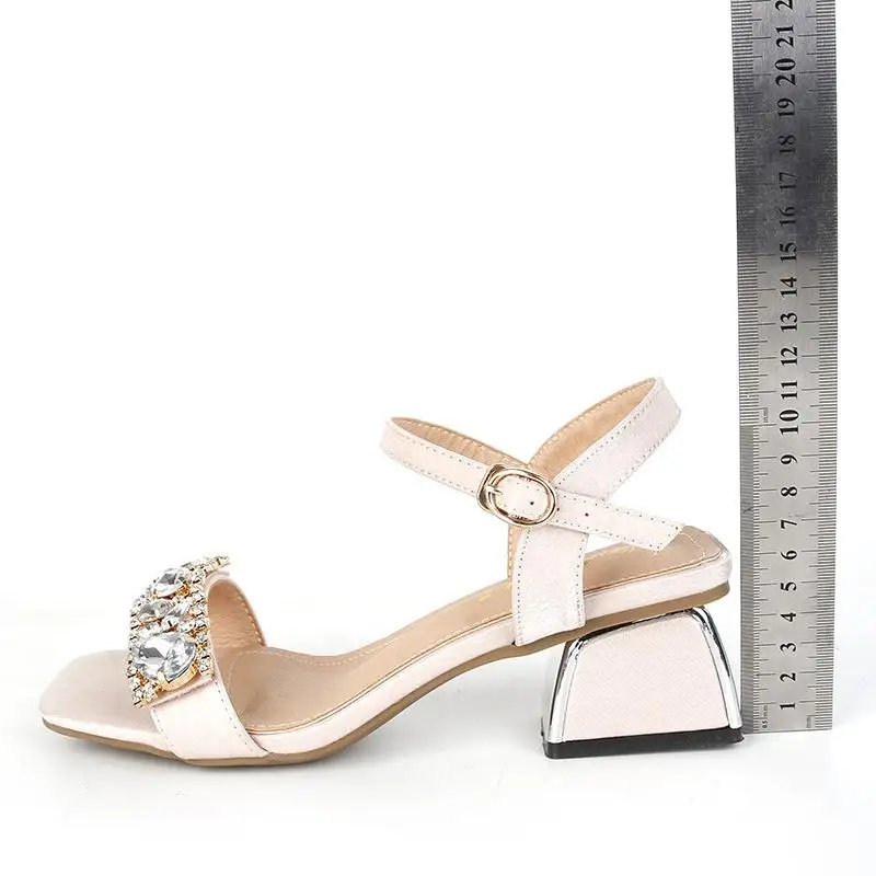 

Fashion Womens Shoes 2021 Female Sandal Med High Heels Square Toe Large Size Buckle Strap Luxury Girls Medium High-heeled New Co