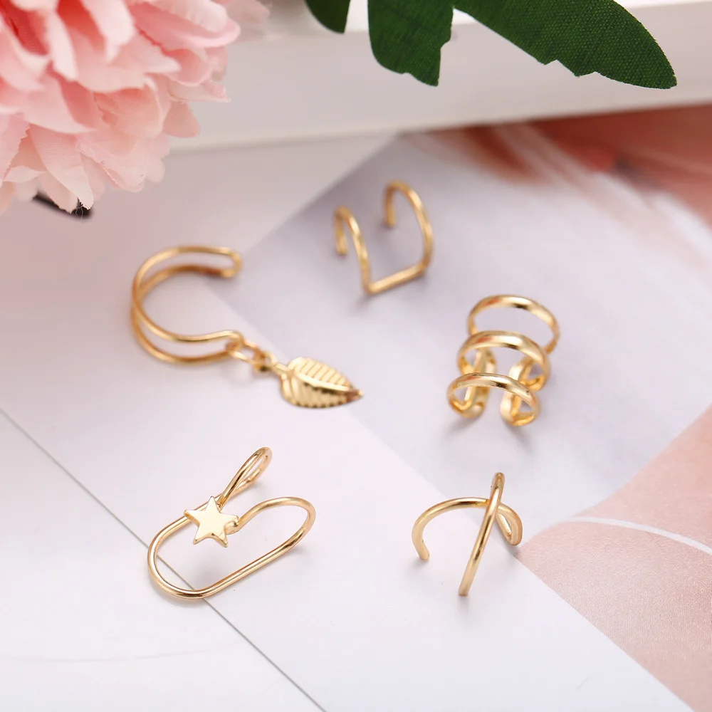 

New 5-piece set of ear clips 2020 fashion gold women's ear bag leaf clip earrings factory wholesale
