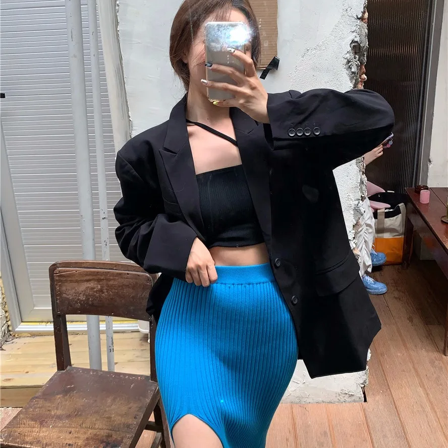 

2021 New and Thin Design Sense Niche Black Casual Suit Jacket Female Spring and Autumn Suit Slit Sheath Skirt