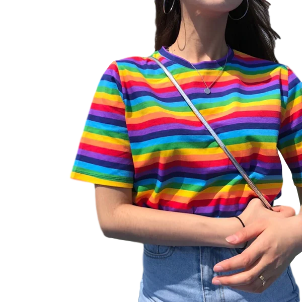 Женская одежда 2020 Повседневная Свободная футболка в радужную полоску женские