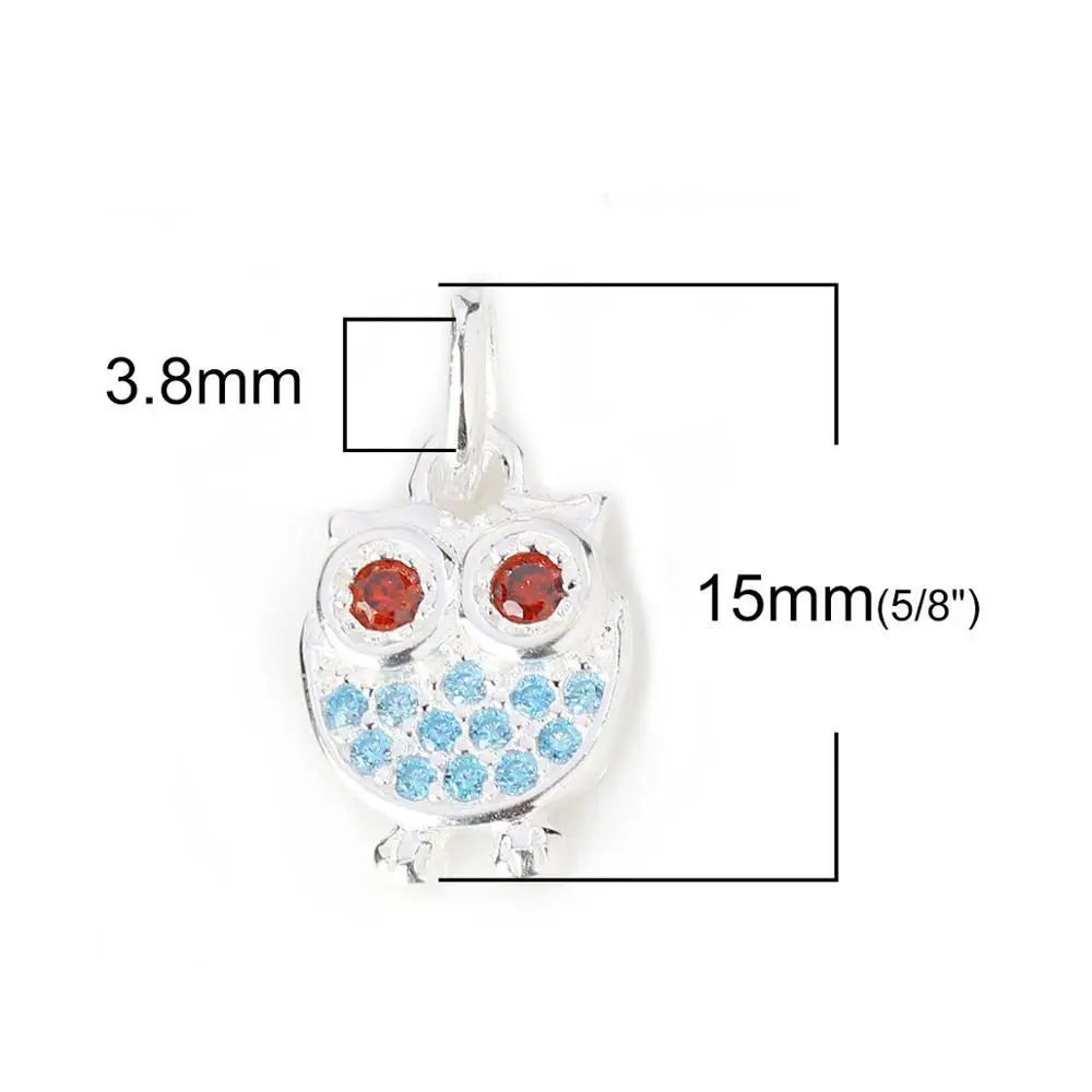 Owl Animal Red Blue Rhinestone 925 Sterling Silver Charms Golden Pendant Jewelry 15mm( 5/8&quot) x 8mm( 3/8&quot) 1 Piece | Украшения и