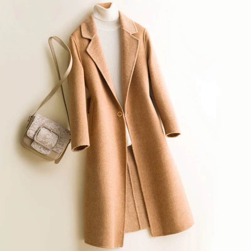 

High Quality Autumn New Fashion Long Double sided Cashmere Wool Coat Women Suit Collar Solid Wool Jacket Elegant Female Outwear