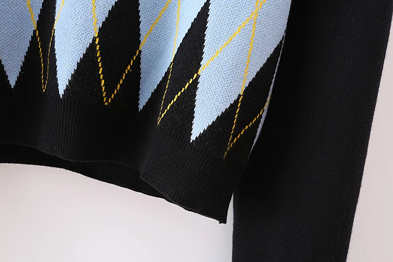 

Splend Moda 2021 Spring Autumn Pullover Vintage Long-Sleeve Crop Top Women Diamond Plaid Casual POLO Collar Sweater