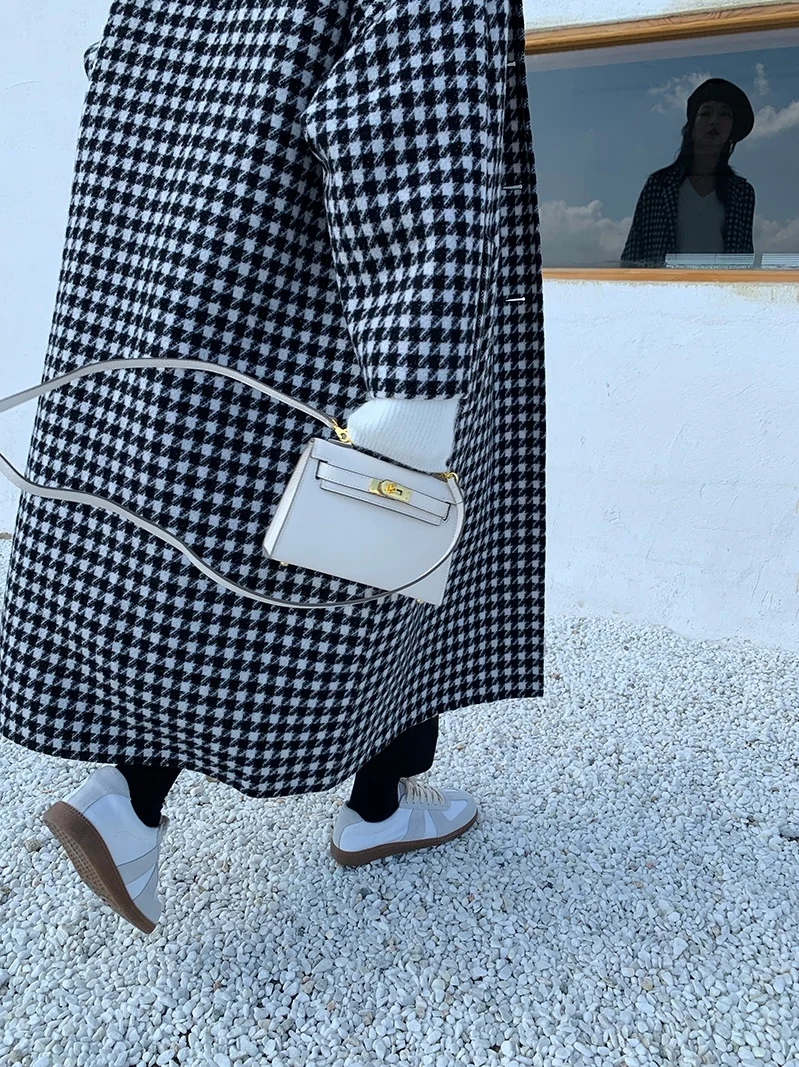 

High-end houndstooth profile loose mid-length double-sided cashmere coat woolen coat female Korean new style