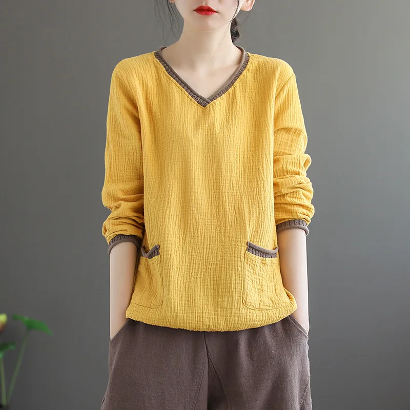 

Vintage Woman Tshirts Spring Autumn Clothes 2020 Long Sleeve Cotton V-neck Loose Casual femme t-shirts Ladies Top Tee Shirt