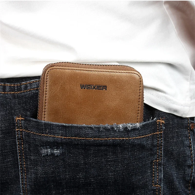 Повседневный мужской кошелек WEIXIER кожаный бумажник на молнии в стиле ретро