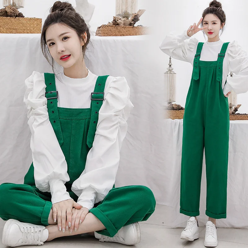 

Новинка осени 2021, рабочая одежда, свободные стройнящие джинсовые брюки в западном стиле на подтяжках, с пышными рукавами