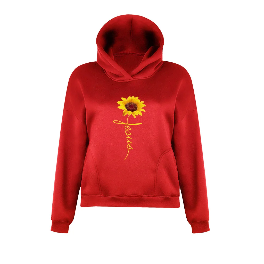 SAGACE женская мода с принтом подсолнуха длинным рукавом капюшоном водолазка