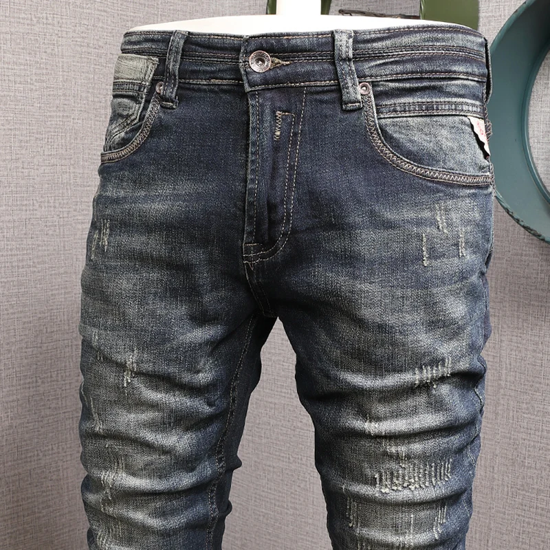 Italian Style Fashion Men Jeans Distressed Wash Retro Blue Elastic Slim Fit Ripped Jeans Men Vintage Designer Cotton Denim Pants