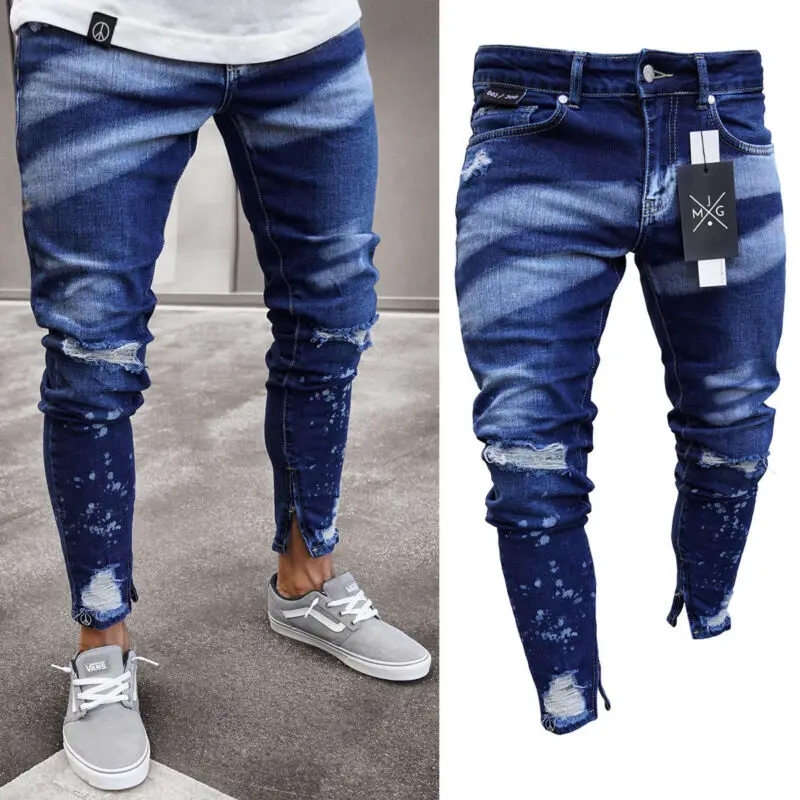 

2021 Brand New Style Stylish Men's Ripped Skinny Jeans Destroyed Frayed Slim Fit Denim Pants Trousers
