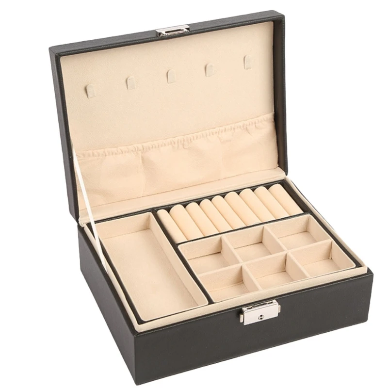 

Шкатулка для ювелирных украшений для женщин, двухуровневый кожаный держатель, с замком и съемными чехлами