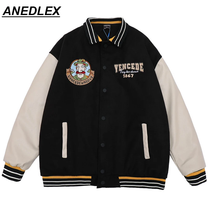

Hip Hop Streetwear Cartoon Letter Embroidery Baseball Uniform Jacket Men 2021 Winter Fashion Loose Casual Cotton Jacket Coat