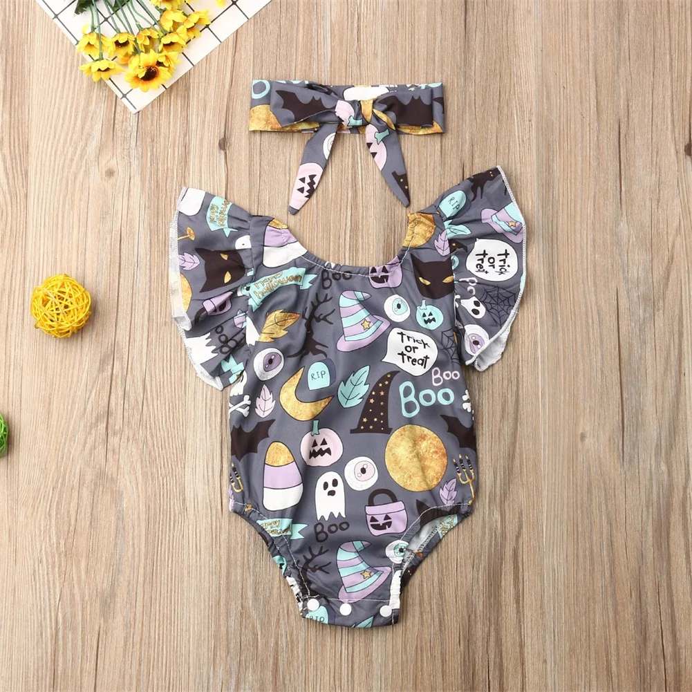 Pudcoco Newborn Baby Boy Girl Clothes Fly Sleeve Halloween Print Romper Jumpsuit Headband 2Pcs Outfits | Детская одежда и обувь