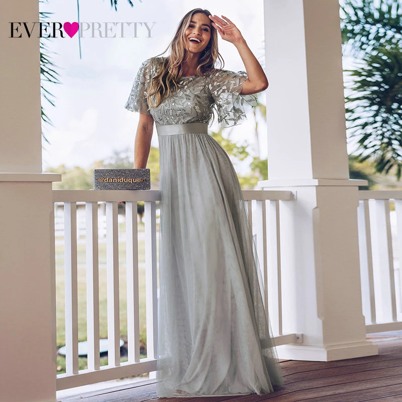 Robe De Soiree блестящие вечерние платья Длинные Ever Pretty EP00904GY A-Line o-образным вырезом с коротким рукавом Вечерние платья женские элегантные платья