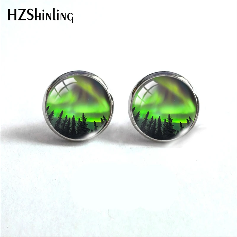 Green Northern Lights Earrings Light Jewelry Aurora Handcraft Glass Dome Stainless Steel Stud | Украшения и аксессуары