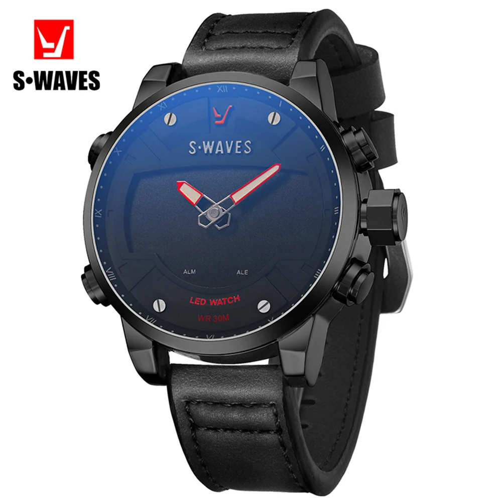 

SWAVES Fashion Reloj Hombre Sport LED Unique Quartz Watch Men Complete Calendar Black Digital Analog Waterproof Wristwatch Mens