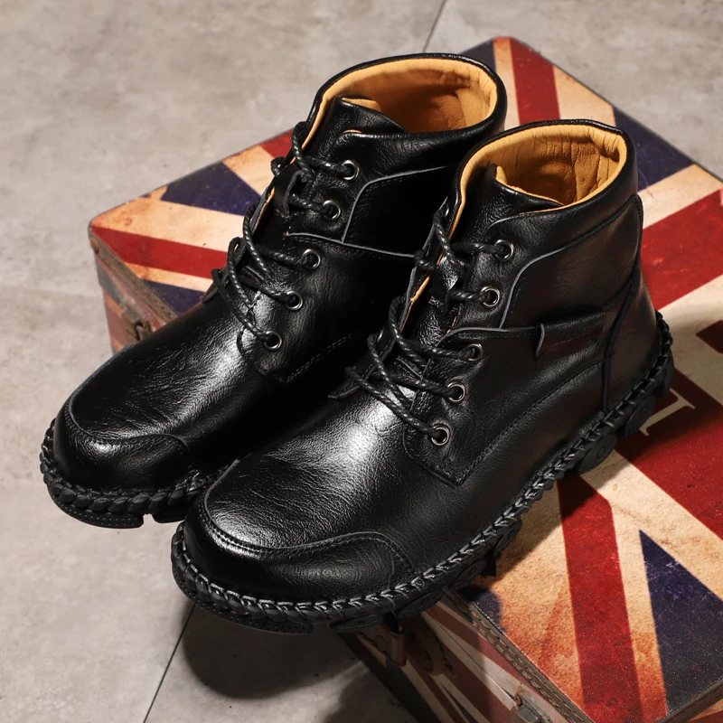 

Men's Leather Boots Plush Warm Men's Snow Boots Lace-up Comfortable Men's Winter Boots Waterproof Leather Men Motorcycle Boots