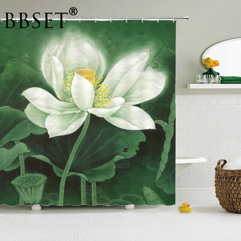 

Занавеска для душа с цветочным рисунком, водостойкая занавеска в виде лотоса, многоразмерная, декор для ванной комнаты с крючками