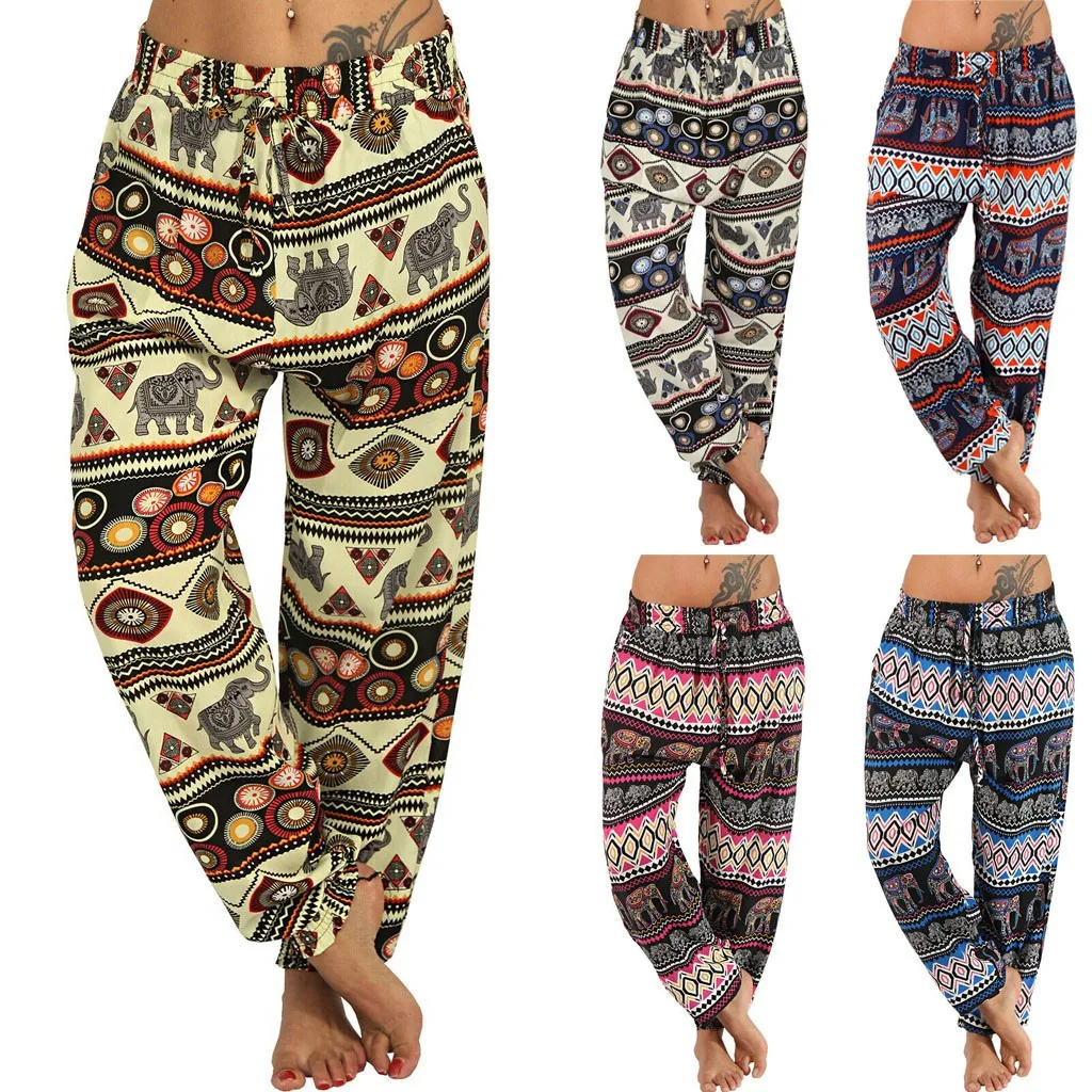 

Ladies ethnic style casual printed pants summer wide-leg loose trousers casual printed pockets high waist trousers 40*