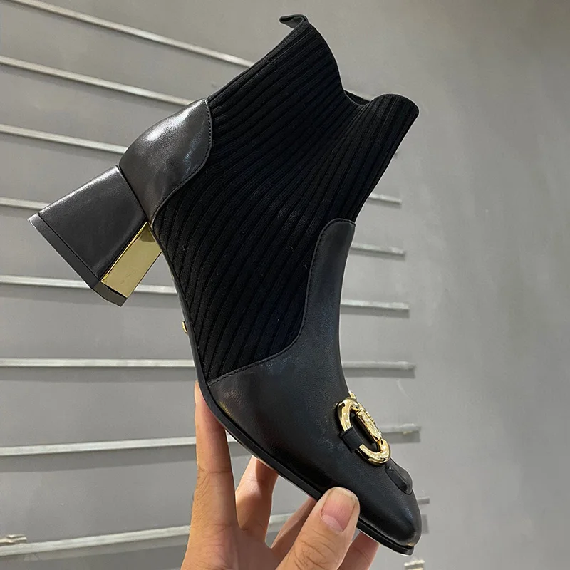 

Square Head Knitting Sock Boots Women 2021 New Thick Heel Metal Decoration Leather Stitching Martin Boots Back Zip Women Pumps