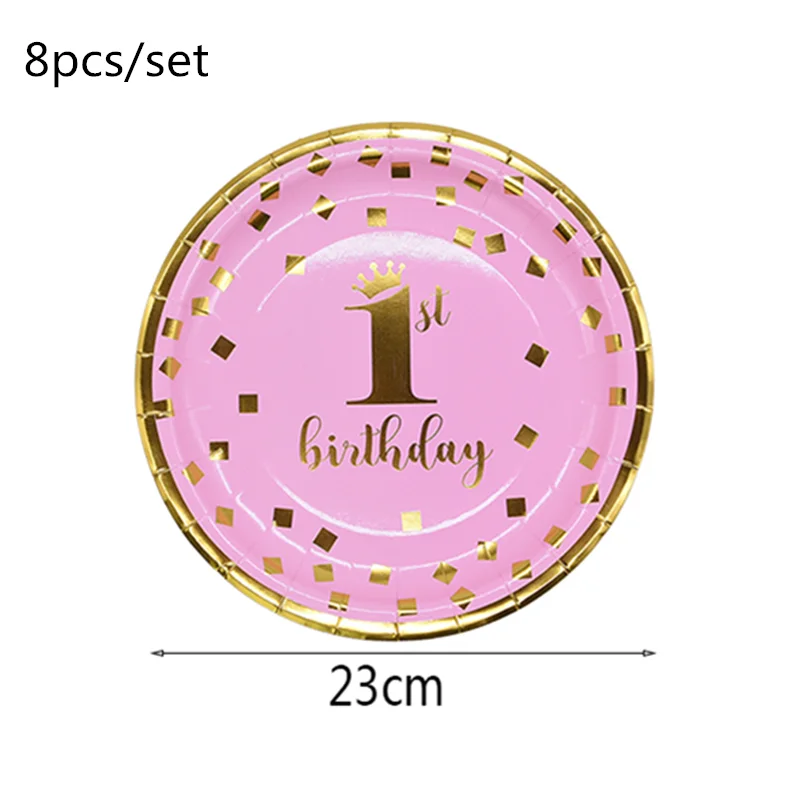 pinkB01 1st Birthday Party Supplies Pink Blue Paper Plates Cups Straws Disposable Tableware Banner Gender Reveal Baby Shower Party Decor - Цвет: pinkB01