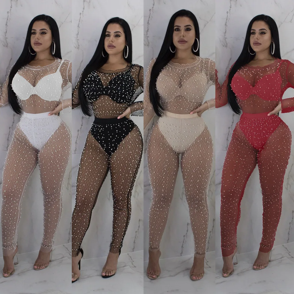 Женский сексуальный сетчатый комбинезон с бусинами для вечеринок вырезами 2018