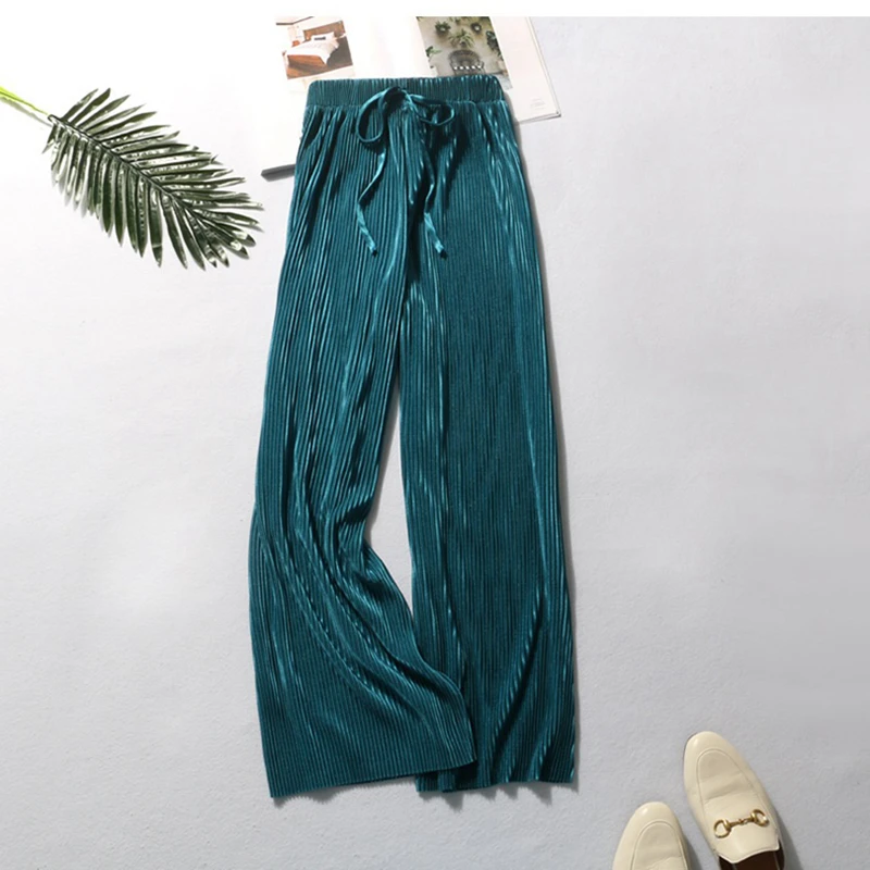 Весна Осень 2019 модные повседневные свободные штаны шелковые плиссированные