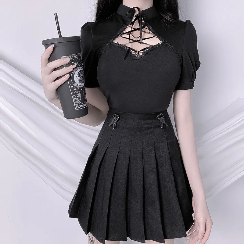 

Female Gothic Bandage Sexy Hollow Out Stand Tee Top New Summer Women's Fashion Summer Short Sleeves Black Cotton Crop Top Sale