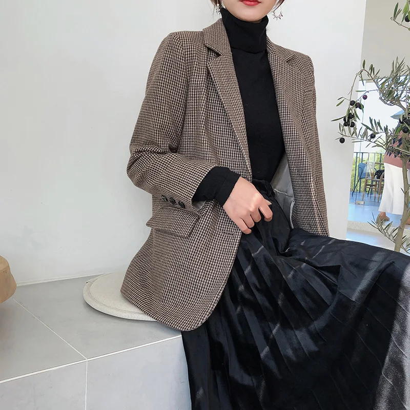 2019 Женская осенне-зимняя винтажная свободная шерстяная твидовая бейзер кофта